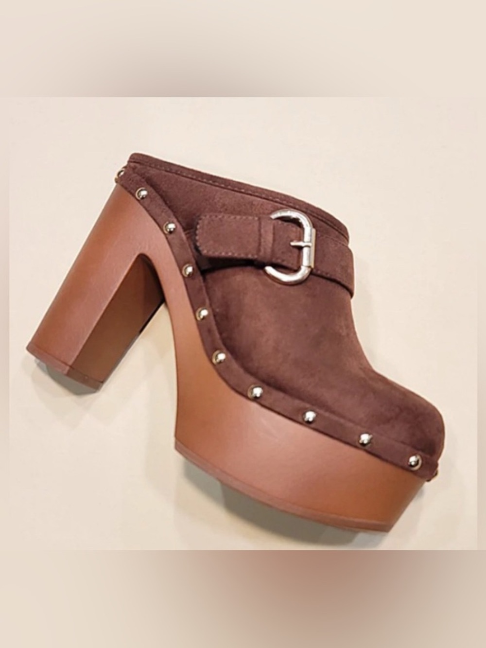 Brown Suede Studded High Heel Platform Clogs: Size 8